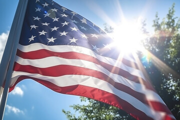 American flag flying against a clear blue sky, Independence Day, bokeh Generative AI