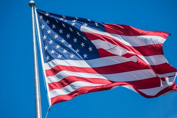 Obraz premium American flag flying against a clear blue sky, Independence Day, bokeh Generative AI