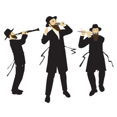 A painting of a singer and flute and clarinet players Hasidic Jewish Orthodox observant, singing and dancing. Dressed in a coat, a black suit and a hat. with a sash.
Colorful vector. isolated. 