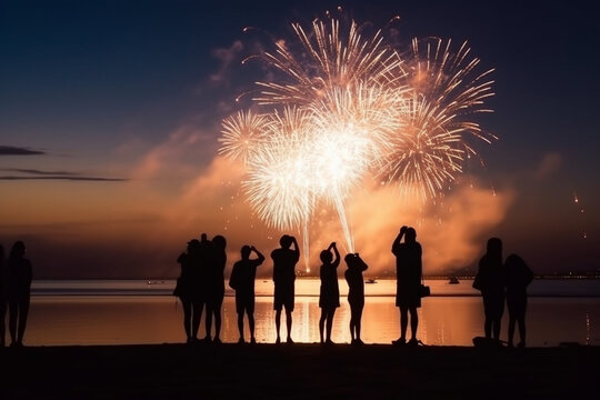 Silhouette Of People Watching Fireworks On A Beach, Independence Day, Bokeh Generative AI