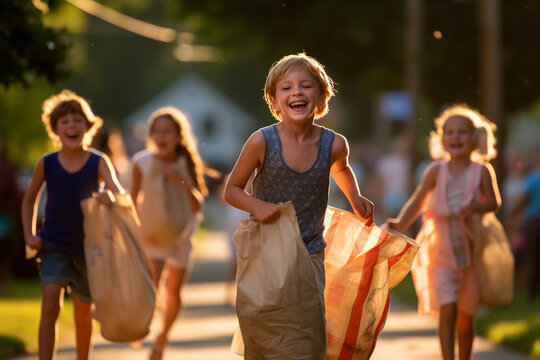 Kids participating in a sack race during a neighborhood celebration, Independence Day, bokeh Generative AI