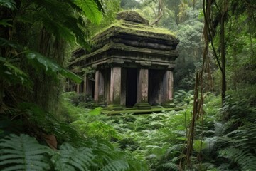 ancient temple surrounded by lush vegetation, with birdsong in the background, created with generative ai
