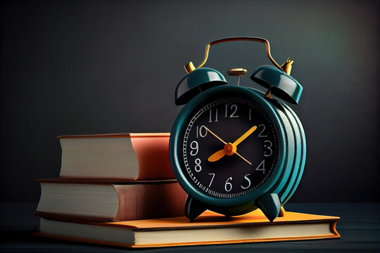 Back to school education concept with alarm clock on book on black chalkboard. Generative Ai