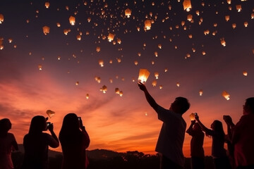Silhouette of people launching Chinese lanterns into the night sky, Independence Day, bokeh Generative AI