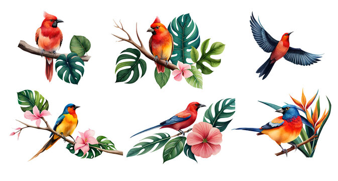 Watercolor tropical birds set. Generative Ai