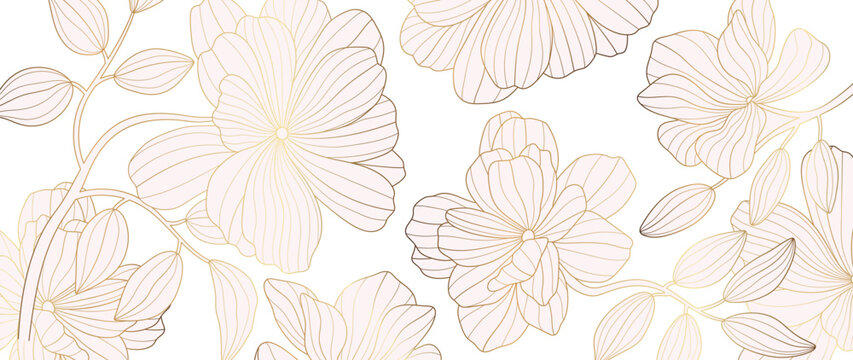Luxury golden flower line art background vector. Natural botanical elegant flower with gold line art. Design illustration for decoration, wall decor, wallpaper, cover, banner, poster, card.