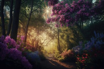 forest with trees in full bloom, sunlight filtering through the foliage, created with generative ai