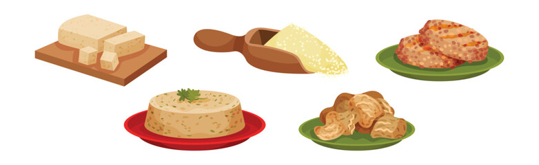 Soy Flour in Scoop, Tofu Cheese and Meat Vector Set