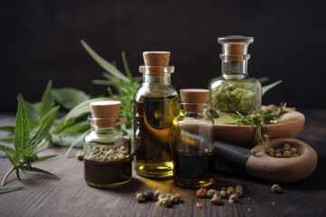 Obraz na płótnie Canvas natural ingredients and herbs for cbd oil, with close-up view, created with generative ai