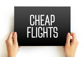 Cheap Flights text on card, concept background