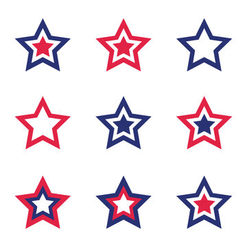 Collection of patriotic stars in red, blue, and white colors for American design. Isolated on white background.