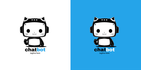 Robot chatbot head icon sign  design vector illustration  on white and blue background. Cute AI bot helper mascot character concept symbol business assistant.