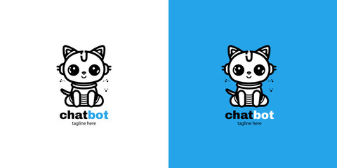 Robot cat chatbot head icon sign  design vector illustration  on white and blue background. Cute AI bot helper mascot character concept symbol business 