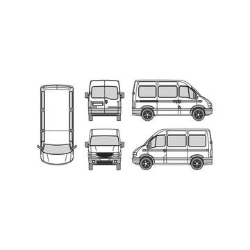 minibus car outline, year 1998, isolated white background, front, back, top and side view, part 3