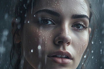 Close up portrait of a young woman, in rain. Beautiful eyes. AI Generative