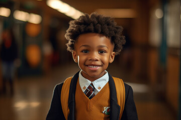 Smiling child in a uniform shirt, joyful and optimistic, academicism, soft focus, selective focus. A little young black african boy with a backpack. Back to school. AI Generative