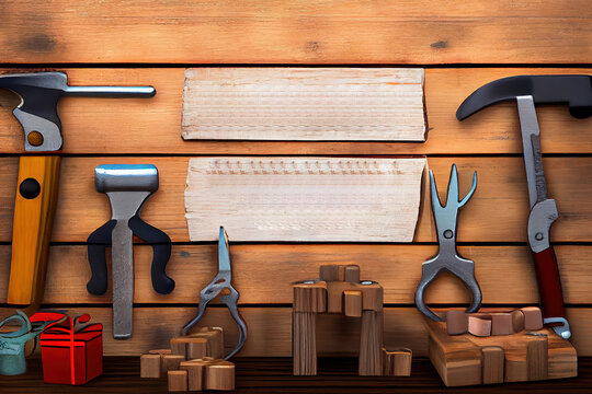 Happy Fathers Day blocks with tools on a rustic wood background. Generative Ai