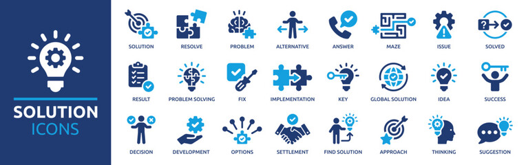 Solution icon set. Containing problem-solving, alternative, resolve, answer, maze, issue and success icons. Solid icon collection. Vector illustration. - obrazy, fototapety, plakaty