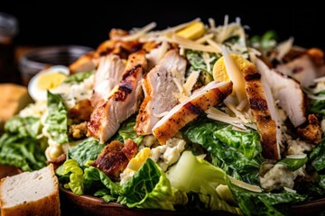 close-up of chicken caesar salad, with ingredients and flavors highlighted, created with generative ai