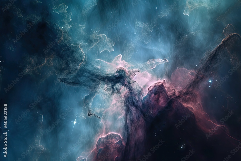 Poster spaceship flying through nebula with stars in the background, created with generative ai
