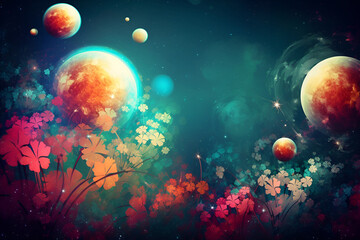 Obraz na płótnie Canvas Abstract fantasy space plants and glowing flowers. Extraterrestrial galaxy background with unusual magical nature, game or fairy tale beautiful scene. Deep space stars AI Illustration for wallpaper.