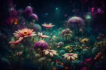 Abstract fantasy space plants and glowing flowers. Extraterrestrial galaxy background with unusual magical nature, game or fairy tale beautiful scene. Deep space stars AI Illustration for wallpaper.