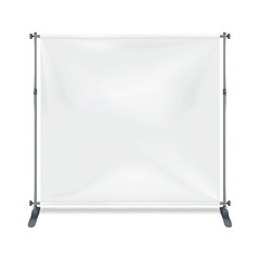 White blank folding square advertising banner on metal frame realistic vector mockup. Empty portable floor backdrop display stand mock-up. Template for design