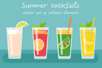 Vector set of summer cooling cocktails in flat style. All elements are isolated.