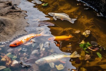 chemical waste spill in marine environment, with dead fish and jellyfish floating on the surface, created with generative ai