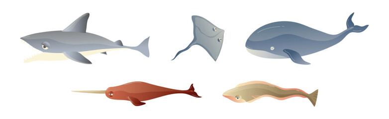 Ocean Underwater Animals with Ray, Shark, Whale, Narwhale and Reedfish Vector Set