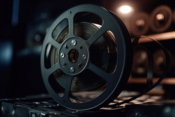 Obraz premium Ai generated illustration vintage film reel with filmstrip on table