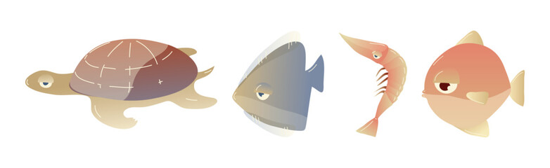 Ocean Underwater Animals with Fish, Turtle and Shrimp Vector Set
