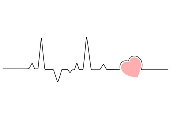 One continuous single line drawing of heart beat isolated on white background.