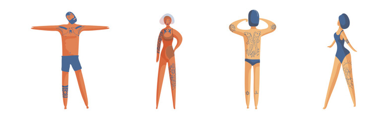 Tattooed Man and Woman Standing on Beach Sunbathing Vector Set