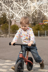 close up happy little child girl riding a bike in the city park in sunny day	