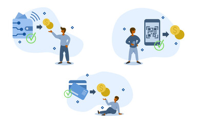 no cash payment illustration set. characters use online payment, QR code, and via credit card or visa instead of using cash for shopping. contactless payment concept. vector illustration.	