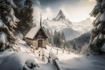 snow-covered chapel in the midst of winter wonderland, with view of towering peaks, created with generative ai