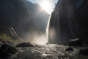 majestic waterfall, with the sun shining through the mist, illuminating its surroundings, created with generative ai