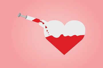 Heart filling by injection. Blood in the heart by syringe.