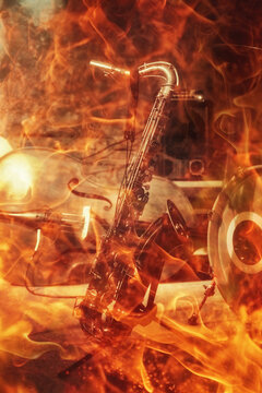 saxophone with musical instruments in the background. Fire effect.