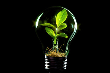 Green sprout in a light bulb, eco image, Generative AI