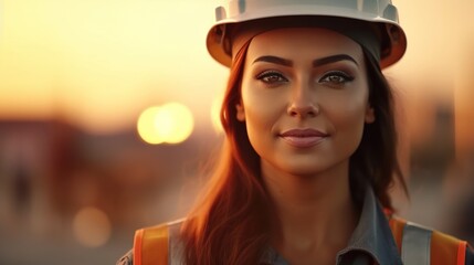 Portrait of a beautiful young woman in a construction helmet on a sunset background.Generative Ai