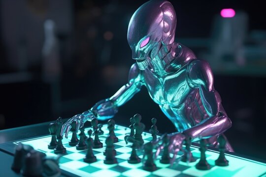 alien playing game of chess on futuristic board with holographic pieces, created with generative ai