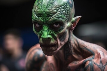 close-up shot of alien athlete, with their unique features on full display, during competition, created with generative ai