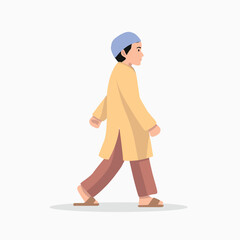 happy Muslim boy walking flat vector isolated on white background