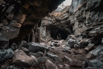 massive cave-in in mountain, with pieces of rock and debris scattered on the ground, created with generative ai