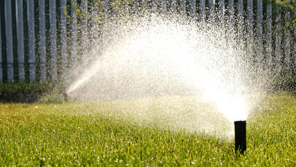 Automatic garden irrigation system watering lawn. Savings of water from sprinkler irrigation system...