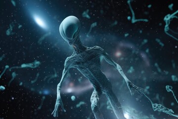 alien life form, floating in zero gravity environment, with stars and planets visible in the background, created with generative ai
