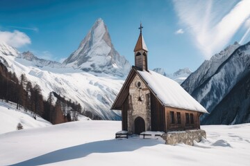 snow-covered chapel surrounded by towering peaks and untouched snow in winter, created with generative ai