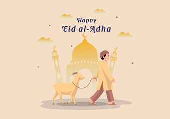 An illustration of a boy walking with a goat in front of a mosque for Eid al adha background
